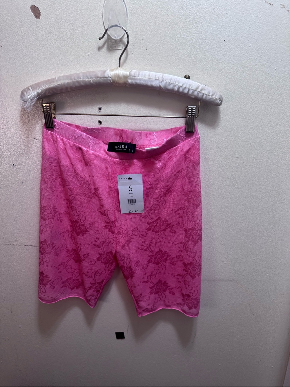 AKIRA see through Bright Pink Floral Jacquard Bike Shorts size small New w/tags
